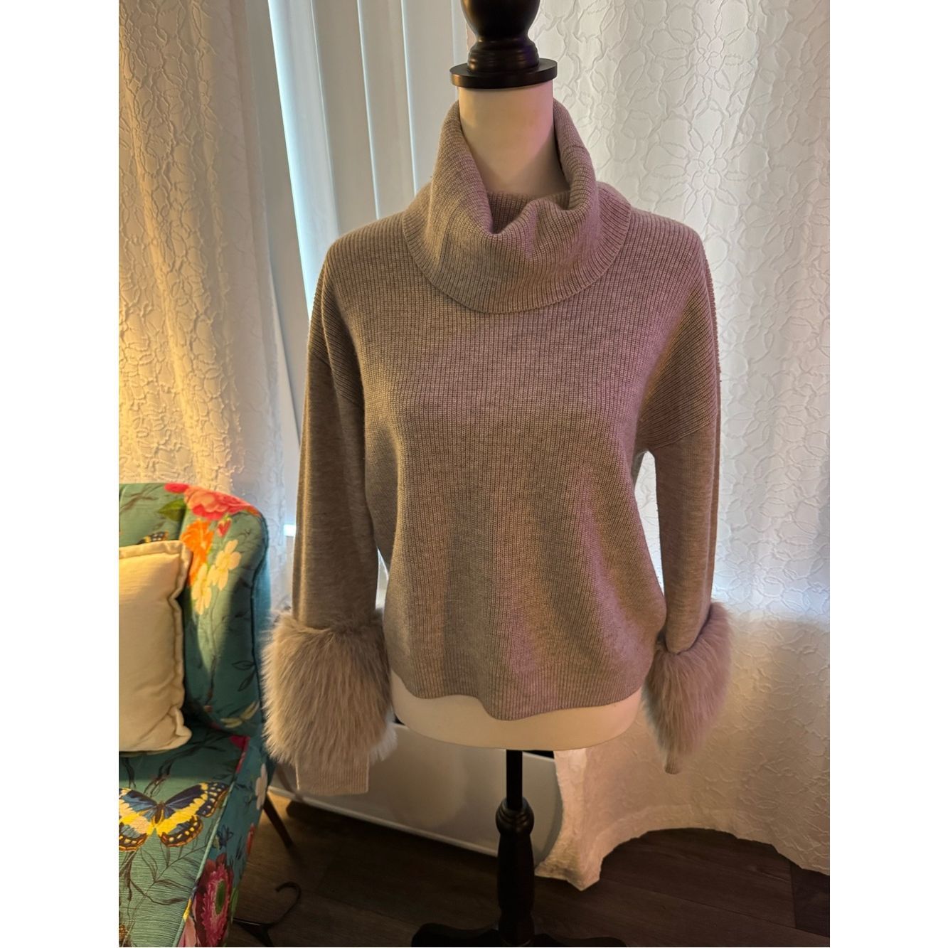 Ramy Brook Taupe Gray Turtleneck Sweater With Faux Fur Cuffs